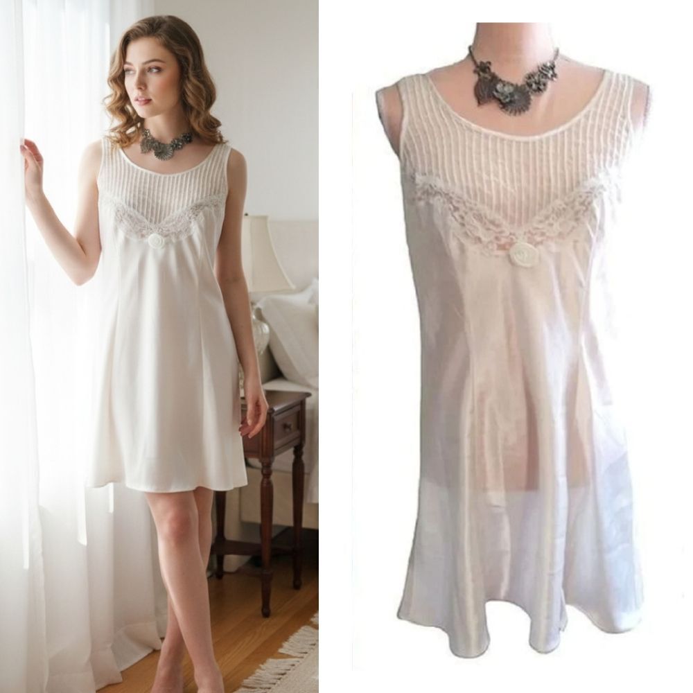 VTG 80s White Satin Floral Lace Rosette Mini Lingerie Slip‎ Dress Small